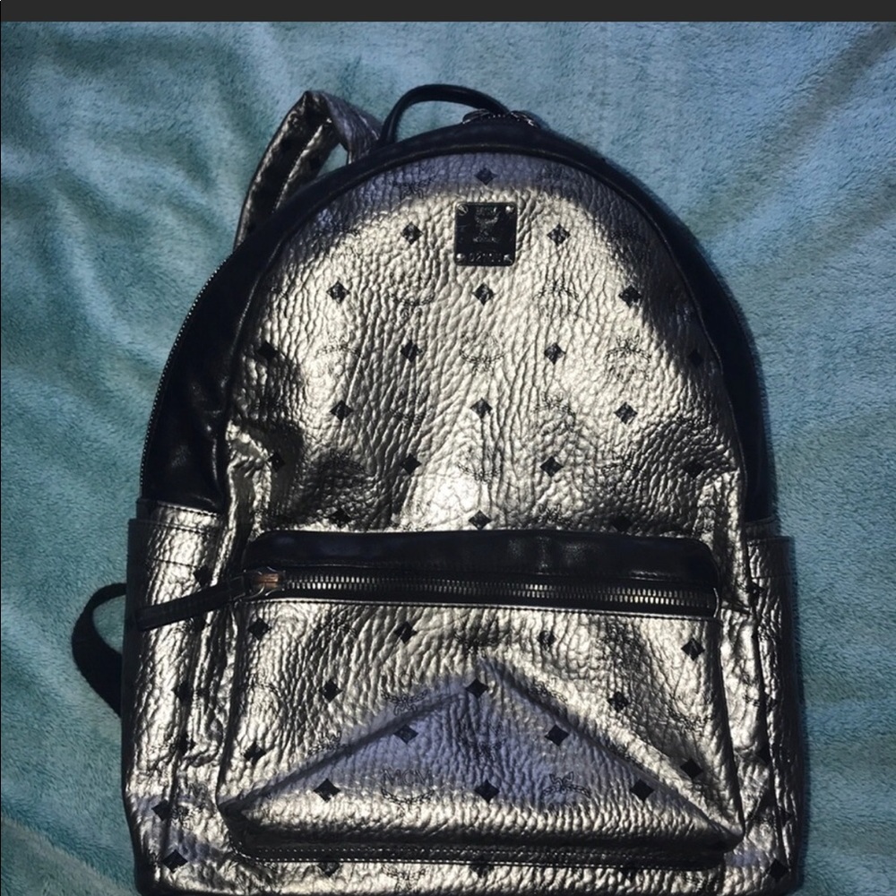 MCM Metallic Silver Logo-Print Backpack